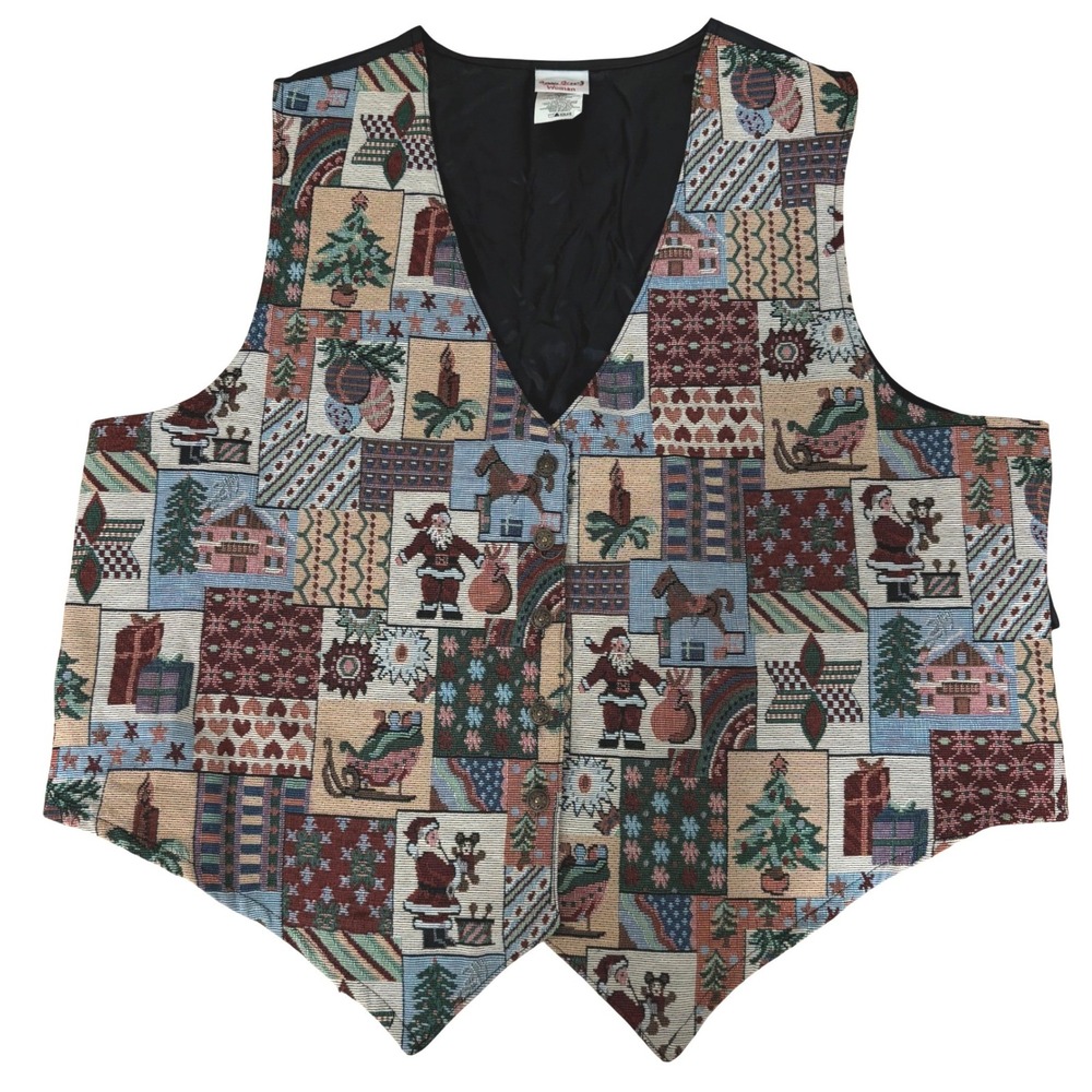 Vtg Bobbie Brooks Womens Christmas Tapestry Vest Plus Size 18/20 Santa Patchwork
